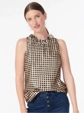J. Crew Black & Gold Gingham Ruffle-Neck Tank